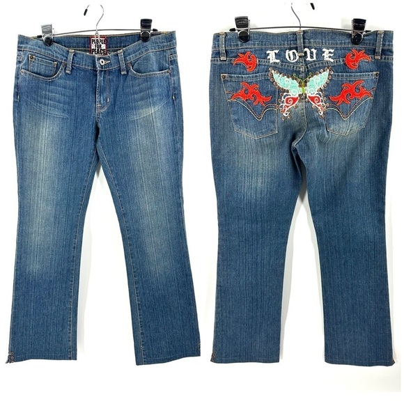 People For Peace Womens Jeans Size 31 Embroidered Y2L Low Rise Butterfly Studded - Picture 1 of 15